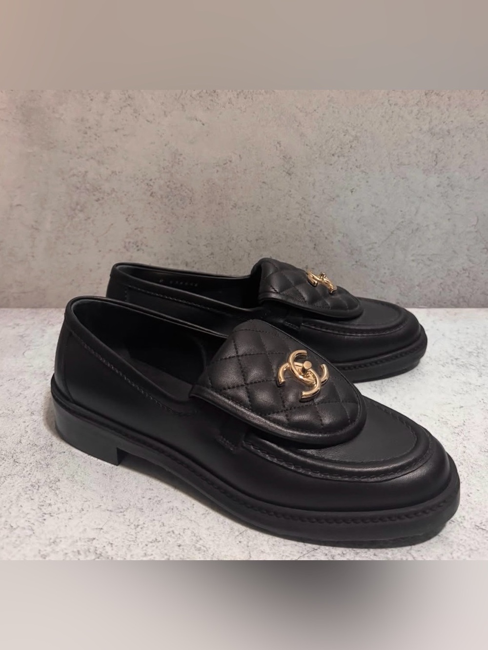 CHANEL Black Quilted Leather Loafers with Gold Accent size 37.5
